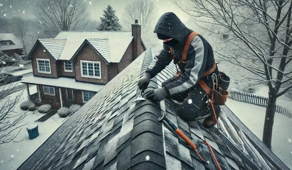 Roofing contractor repairing a snow-covered roof during winter in Minneapolis.